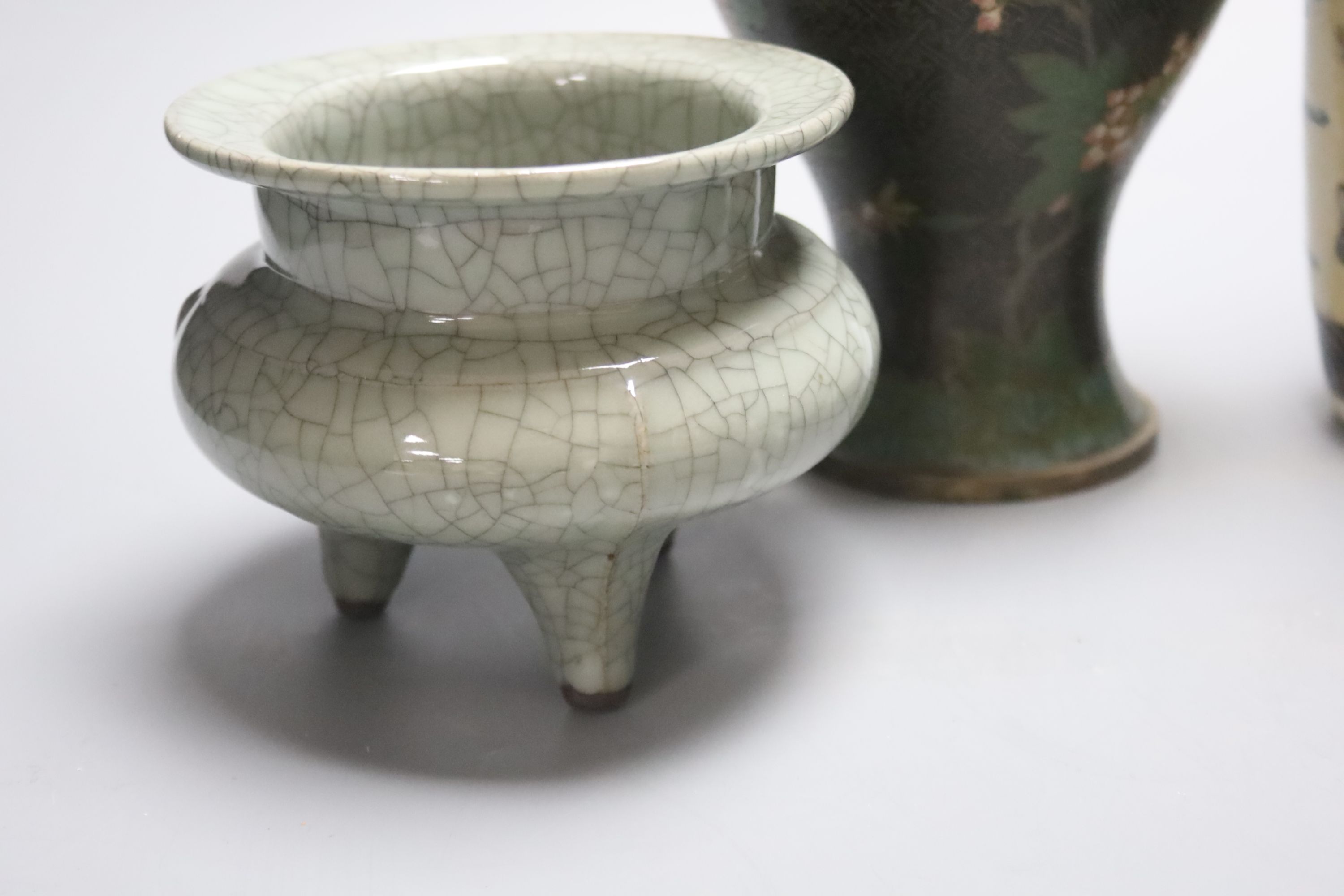 A Chinese crackle glaze tripod censer, a similar vase, a cloisonne vase and a two handled jar and cover, height 26cm